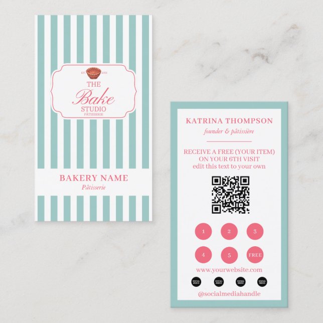 Mint Green Pink Stripes Bakery Logo Loyalty Punch Business Card (Front/Back)