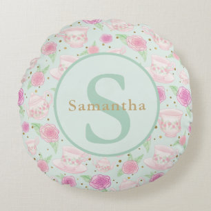 Mint Green Pink Tea Cups Personalized Monogram Round Pillow