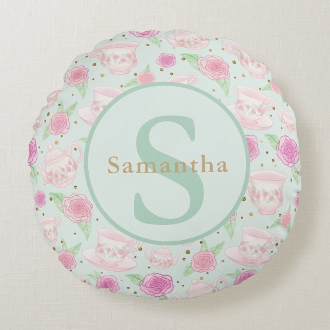 Mint Green Pink Tea Cups Personalized Monogram Round Pillow (Front)