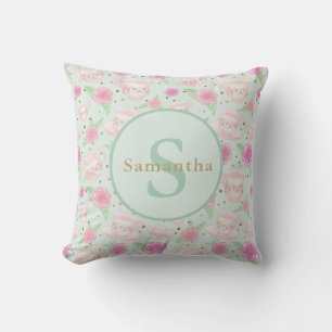 Mint Green Pink Tea Party Personalized Monogram Throw Pillow
