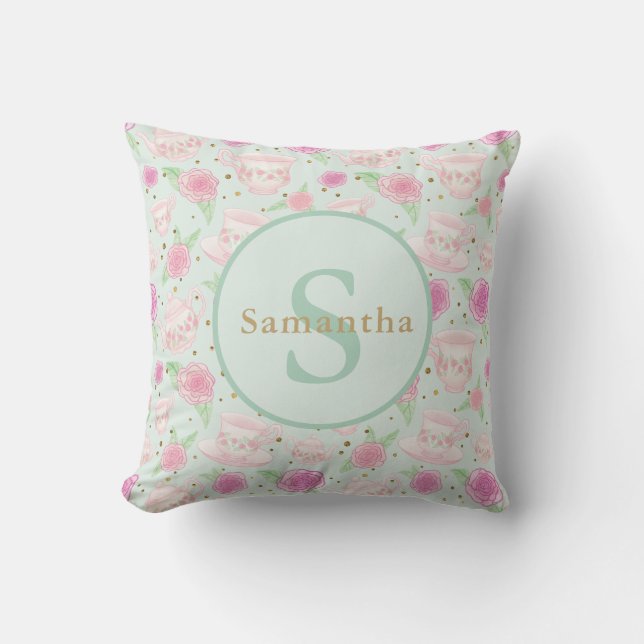 Mint Green Pink Tea Party Personalized Monogram Throw Pillow (Front)