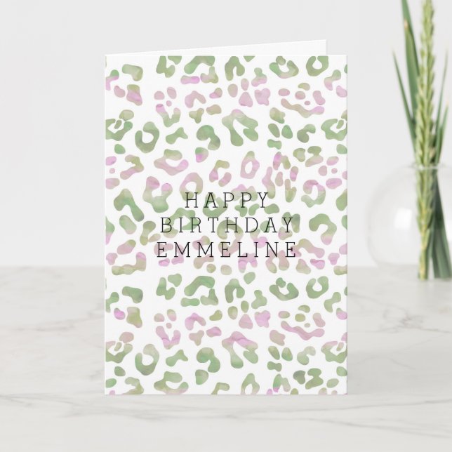 Mint Green Pink Watercolor Leopard Print Birthday Card (Front)