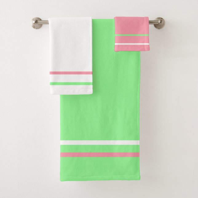Mint Green Pink White Stripes Geometric Pattern Bath Towel Set (Insitu)