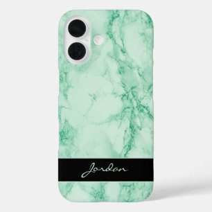 Mint Green Polished Marble Stone with Name iPhone 16 Case