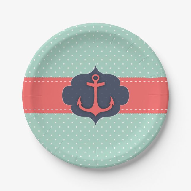 Mint Green Polka Dot Coral Pink Anchor Paper Plate (Front)