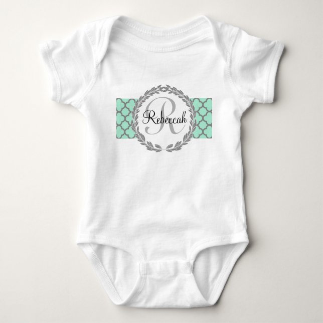 Mint Green Pretty Monogram Baby Bodysuit (Front)