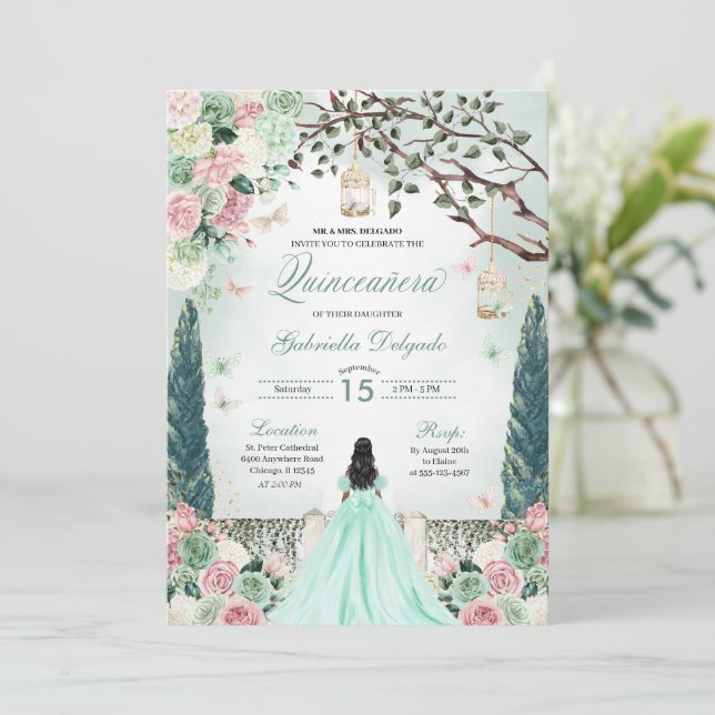 Mint Green Princess Enchanted Garden Quinceanera Invitation (Standing Front)