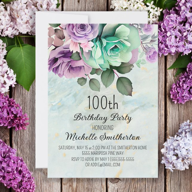 Mint Green Purple Floral Butterflies Birthday  Invitation (Creator Uploaded)