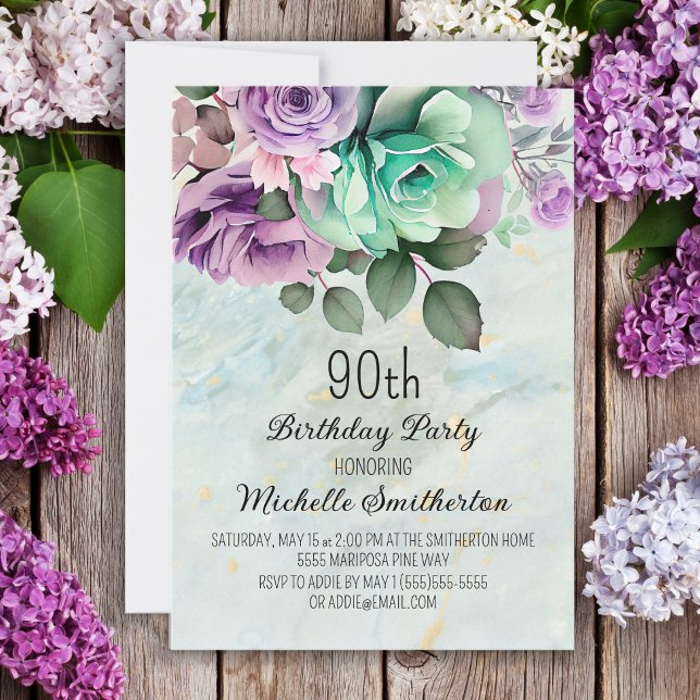 Mint Green Purple Floral Butterfly 90th Birthday  Invitation (Creator Uploaded)
