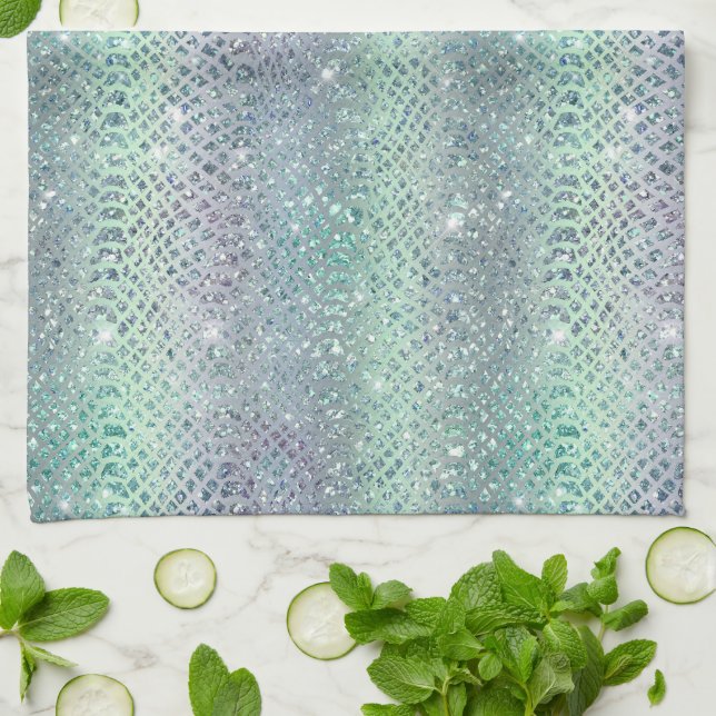 Mint Green Purple Glitter Snake Print Kitchen Towel (Folded)