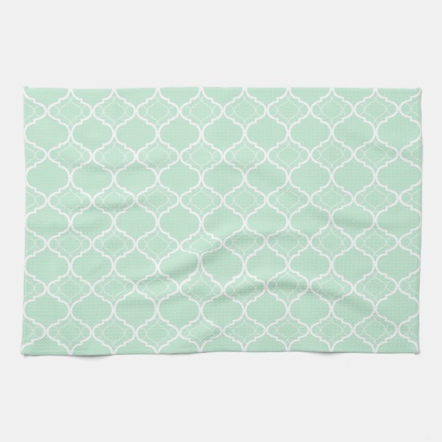 Mint Green Quatrefoil Geometric Pattern Kitchen Towel (Horizontal)