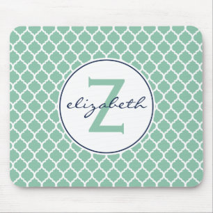 Mint Green Quatrefoil Monogram Mouse Pad