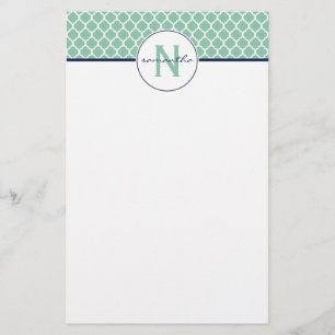 Mint Green Quatrefoil Monogram Stationery