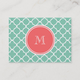 Mint Green Quatrefoil Pattern, Coral Monogram Business Card