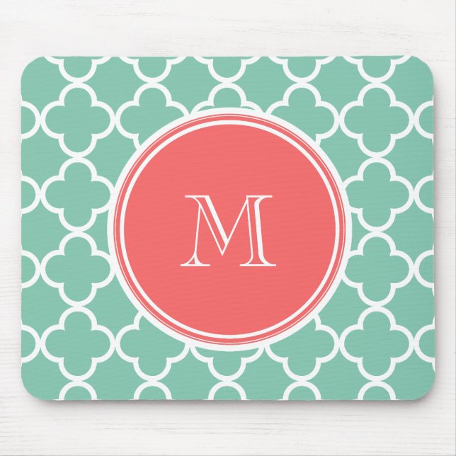 Mint Green Quatrefoil Pattern, Coral Monogram Mouse Pad (Front)