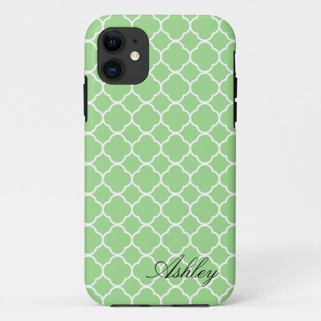 Mint Green Quatrefoil Pattern Monogram Case-Mate iPhone Case (Back)