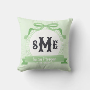 Mint Green Reverse Greek Key Bow Monogram Throw Pillow