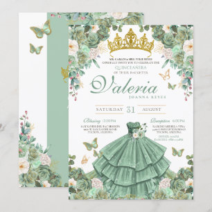 Mint Green Rose Butterfly Princess Quinceanera Invitation