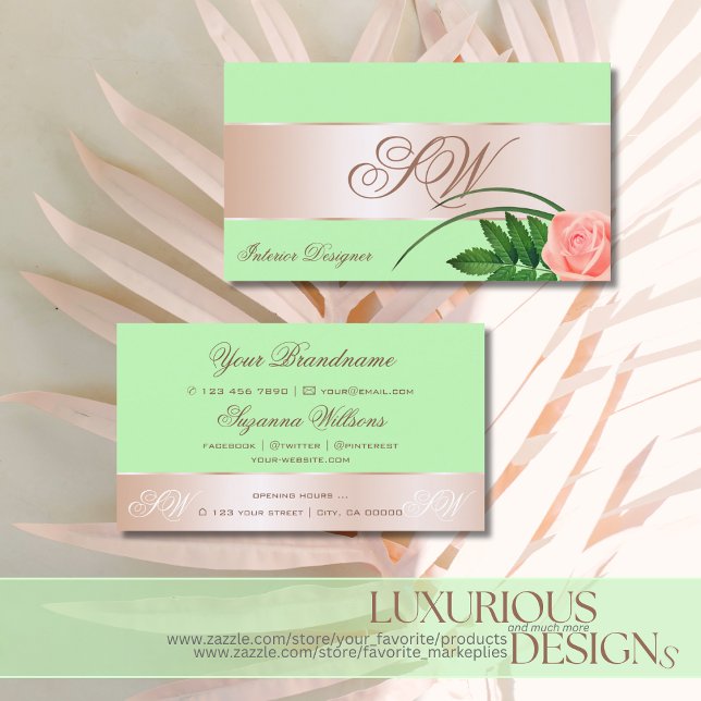 Mint Green Rose Gold Decor Flower with Monogram Business Card (Creator Uploaded)
