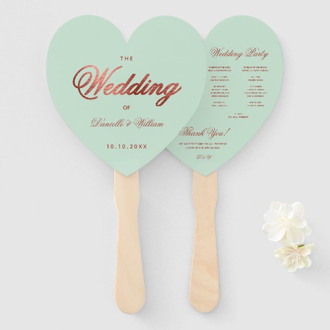 Mint Green Rose Gold Wedding Program Heart  Hand Fan (Front and Back)