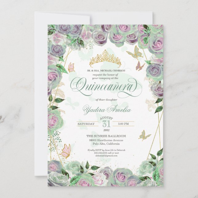  Mint Green Roses Elegant Butterfly Quinceanera Invitation (Front)
