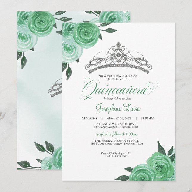 Mint Green Roses Silver Tiara Quinceañera Birthday Invitation (Front/Back)