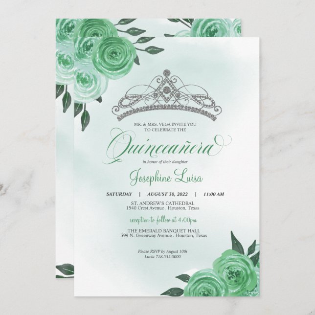 Mint Green Roses Silver Tiara Quinceañera Birthday Invitation (Front/Back)