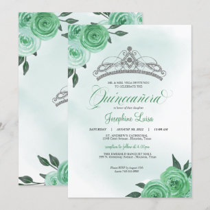 Mint Green Roses Silver Tiara Quinceañera Birthday Invitation