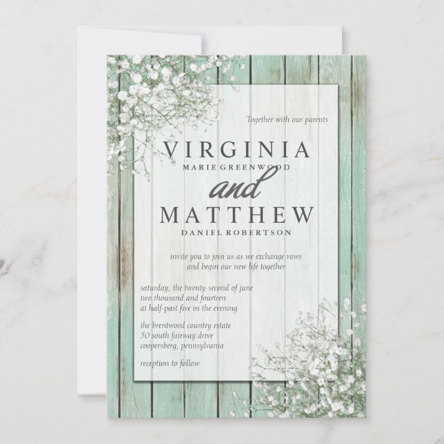 Mint Green Rustic Baby's Breath Wedding Invitation (Front)