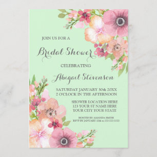 Mint Green Rustic Pink Flowers Bridal Shower Invitation