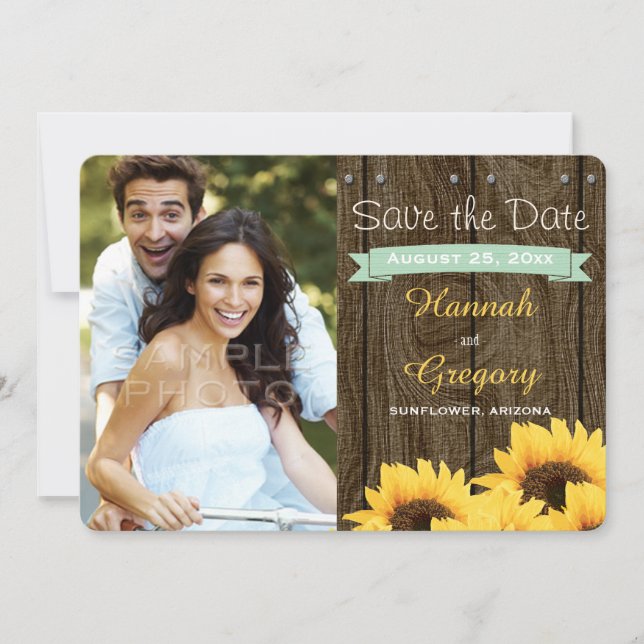 MINT GREEN RUSTIC SUNFLOWER SAVE THE DATE CARD (Front)
