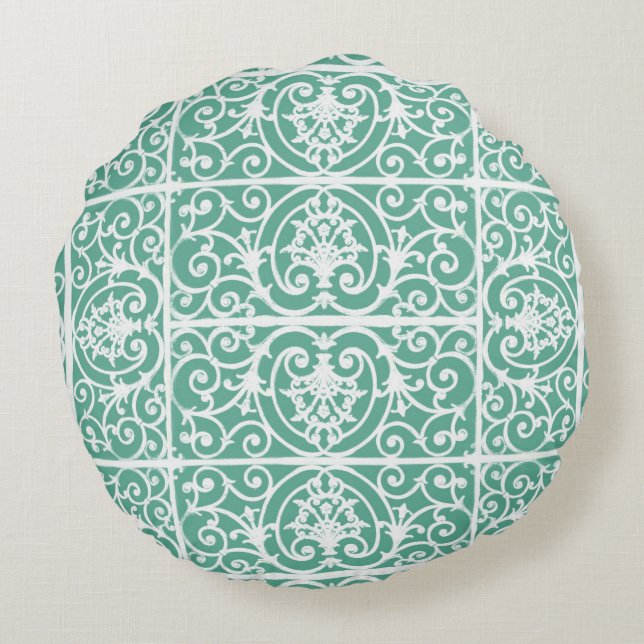 Mint green scrollwork pattern round pillow (Back)