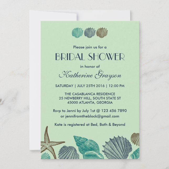 Mint Green Seashells Invitation for Summer Wedding (Front)