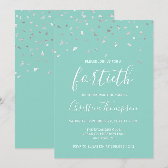 Mint Green Silver Confetti 40th Birthday Party Invitation (Front/Back)