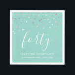 Mint Green Silver Confetti 40th Birthday Party Napkin<br><div class="desc">Celebrate their 40th birthday in style with this simple but elegant design, featuring faux silver triangular confetti sifting down on the word "forty" in white handwriting font on a mint green background. Personalize it with the name of the honoree in white sans serif font, along with the occasion and date...</div>