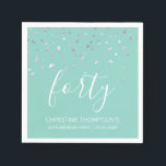 Mint Green Silver Confetti 40th Birthday Party Napkin<br><div class="desc">Celebrate their 40th birthday in style with this simple but elegant design, featuring faux silver triangular confetti sifting down on the word "forty" in white handwriting font on a mint green background. Personalize it with the name of the honoree in white sans serif font, along with the occasion and date...</div>