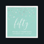 Mint Green Silver Confetti 50th Birthday Party Napkin<br><div class="desc">Celebrate their 50th birthday in style with this simple but elegant design, featuring faux silver triangular confetti sifting down on the word "fifty" in white handwriting font on a mint green background. Personalize it with the name of the honoree in white sans serif font, along with the occasion and date...</div>