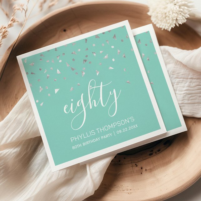 Mint Green Silver Confetti 80th Birthday Party Napkin (Creator Uploaded)