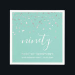 Mint Green Silver Confetti 90th Birthday Party Napkin<br><div class="desc">Help them celebrate their 90th birthday in style with this simple but elegant design, featuring faux silver triangular confetti sifting down on the word "ninety" in white handwriting font on a mint green background. Personalize it with the name of the honoree in white sans serif font, along with the occasion...</div>