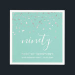 Mint Green Silver Confetti 90th Birthday Party Napkin<br><div class="desc">Help them celebrate their 90th birthday in style with this simple but elegant design, featuring faux silver triangular confetti sifting down on the word "ninety" in white handwriting font on a mint green background. Personalize it with the name of the honoree in white sans serif font, along with the occasion...</div>
