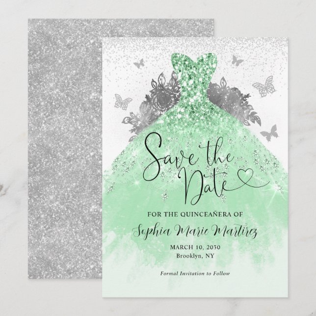 Mint Green Silver Dress Mis Quince Quinceañera Save The Date (Front/Back)