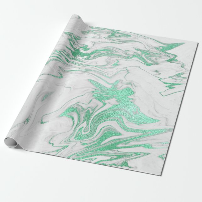 Mint Green Silver Grey White Marble Shiny Glam Wrapping Paper (Unrolled)