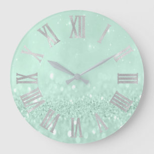 Mint Green Silver Paste Glitter Grey Roman Numbers Large Clock