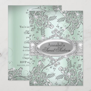 Mint Green Silver Sparkle Flower Sweet 16 Invitation