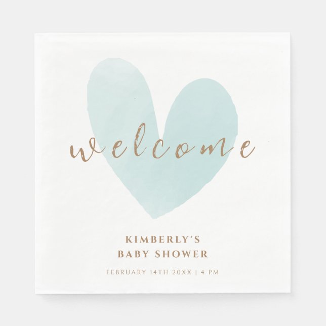 Mint Green Simple Heart Welcome Baby Shower Napkin (Front)