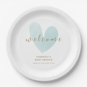 Mint Green Simple Heart Welcome Baby Shower Paper Plate