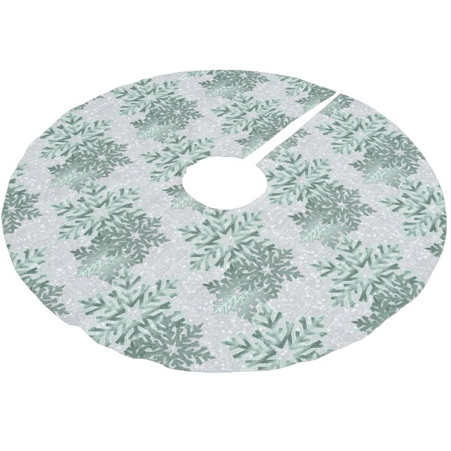 Mint Green Snowflakes on White Glitter Brushed Polyester Tree Skirt (Angled)