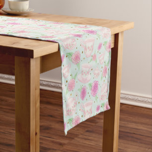 Mint Green Spring Floral Tea Cups Pattern Short Table Runner