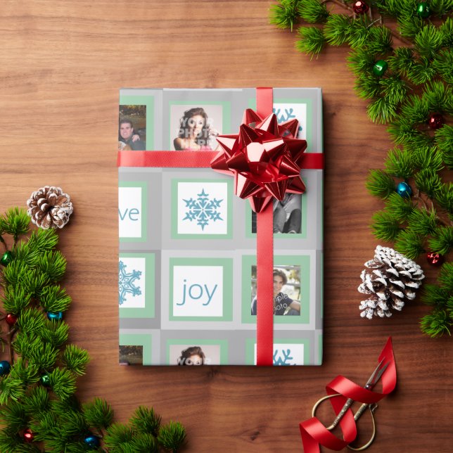 Mint Green Squares Personalized Photo Christmas Wrapping Paper (Holiday Gift)