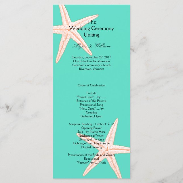 Mint Green Starfish Tall Wedding Program Template (Front)